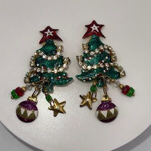 Lunch At The Ritz Christmas Tree Clip-On Earrings W/ Rhinestones Dangling Orname